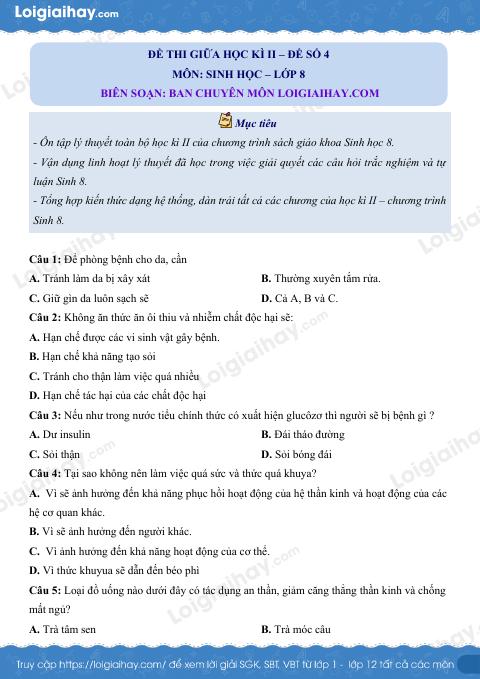 Đề kiểm tra giữa kì 2 Sinh 8 - Đề số 4 có lời giải chi tiết